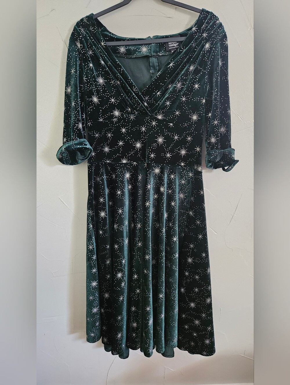 Unique Vintage Lamar Velvet Celestial Swing Dress Green Silver Stars XL 14